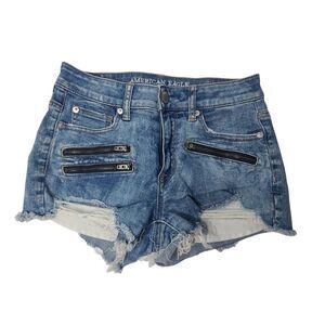 American Eagle Women SZ 4 Denim Jean Shorts‎ Hi Rise Shortie Stretch Cut Off